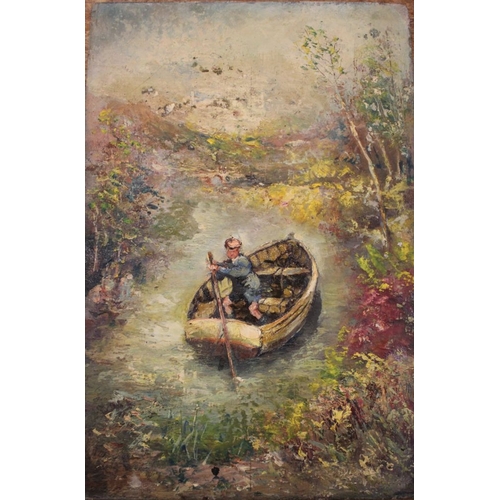 185 - Three unframed oil paintings on panel, includes river scene with figure in the foreground, 26cm x 39... 