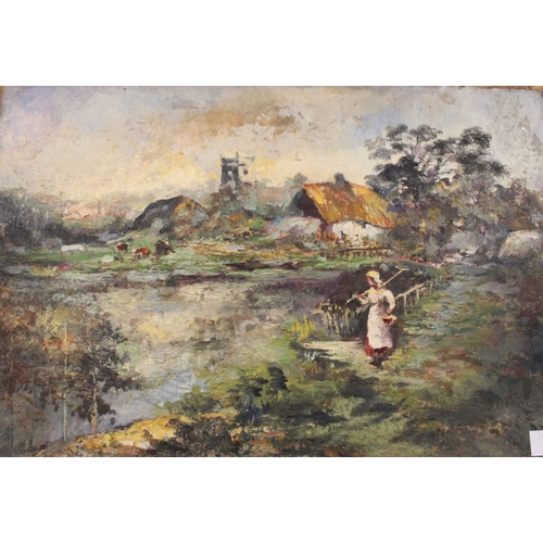 185 - Three unframed oil paintings on panel, includes river scene with figure in the foreground, 26cm x 39... 