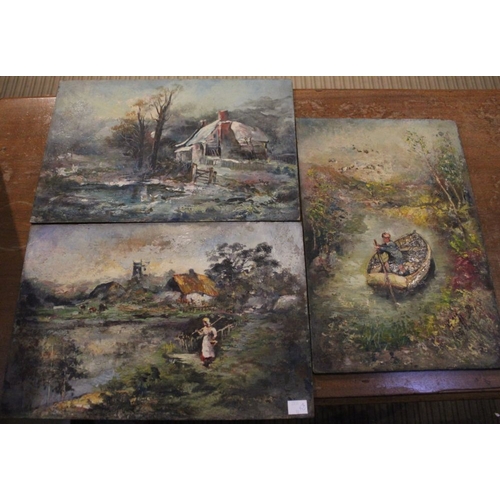 185 - Three unframed oil paintings on panel, includes river scene with figure in the foreground, 26cm x 39... 