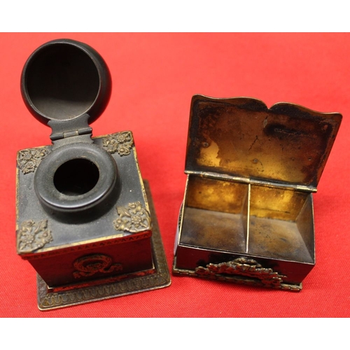 186 - A Continental bronze effect inkwell and stamp box (2)