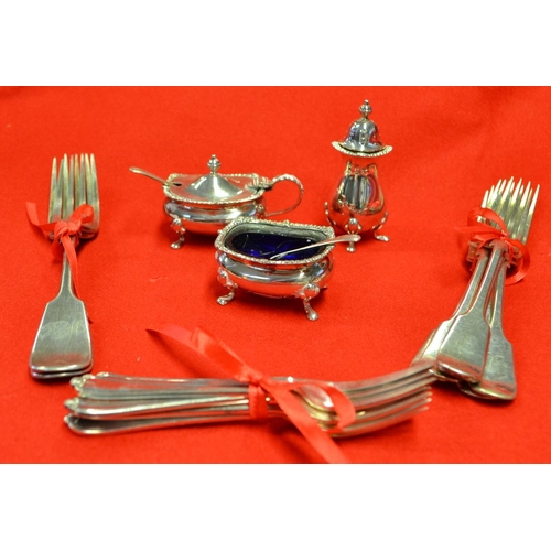 25 - A three piece silver plated condiment set together with various plated forks