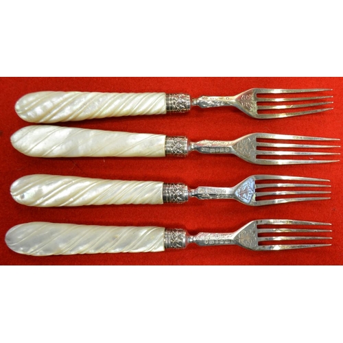 26 - Two cases of six silver coffee spoons, each Birmingham 1947, together with a set of four silver blad... 