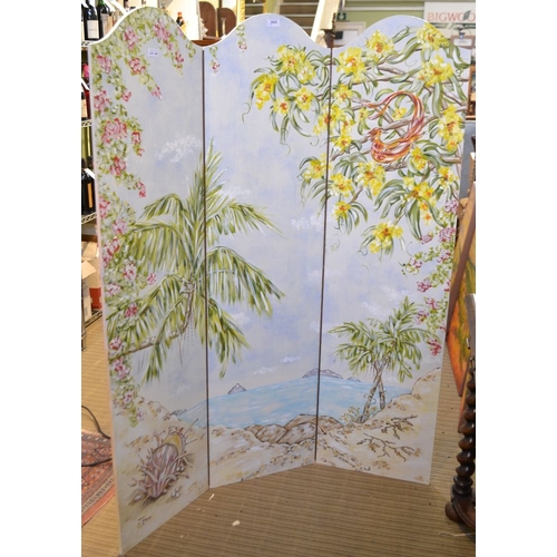 264 - A hand painted three section draught screen, painted with tropical landscape decoration, 152cm high