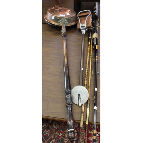 278 - A warming pan, shooting stick & a collection of fishing rods