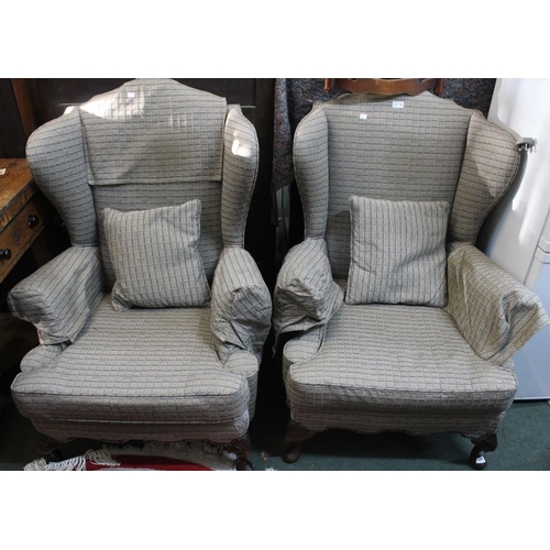 285 - A pair of grey upholstered wing back armchairs, a/f