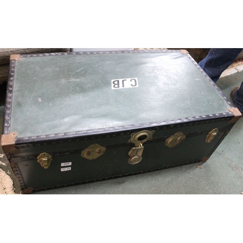 286 - A substantial green vintage travel trunk, brass fittings & studs