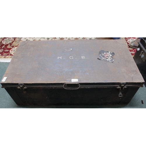 290 - A vintage metal travel trunk bearing initials HGB to the lid