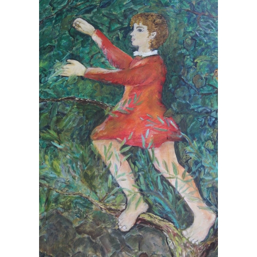 345 - Oil on canvas a substantial illustration of a boy in a tree