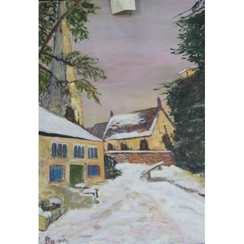 346 - I Bown - oil on canvas of a winter street scene