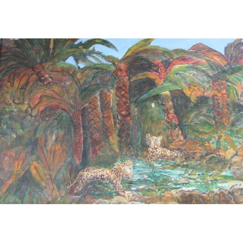 348 - Oil on canvas, a jungle scene