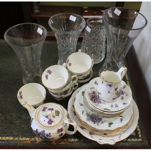 367 - A Hammersley violet pattern tea set, with bachelor teapot, together with four cut glass vases and fo... 