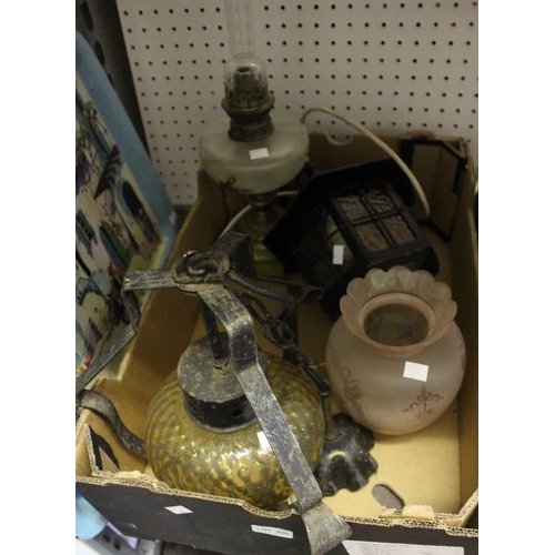 371 - A box containing light fittings, various together with a brass oil lamp