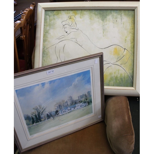 373 - A signed print of Warwick Boat Club, together with an original painting of a reclining lady