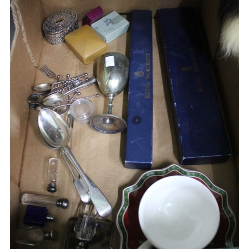 395 - A quantity of assorted items includes silver plate, 