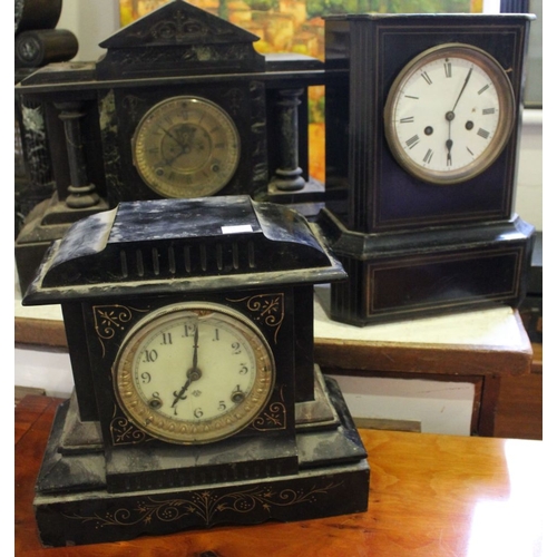 405 - Two black slate and one ebonised cased mantle clock (3)