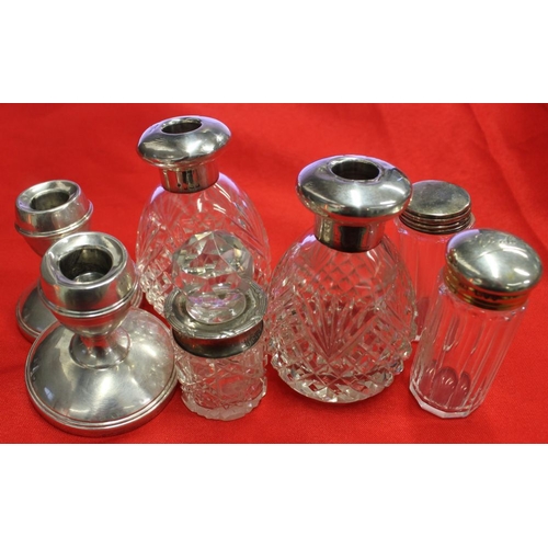 5 - A pair of hallmarked dwarf silver candlesticks, together with five silver mounted glass jars