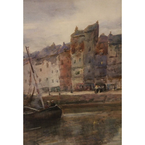 60 - A watercolour painting, Harbour scene with boat, 55cm x 33cm, framed, mounted and glazed