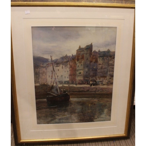 60 - A watercolour painting, Harbour scene with boat, 55cm x 33cm, framed, mounted and glazed