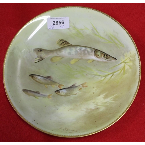 77 - Two Royal Doulton porcelain plates, signed Hancock, painted fish designs (2)