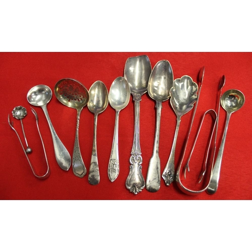 8 - A collection of hallmarked silver, includes sugar tongs, sifting ladle, sugar tongs, condiment spoon... 