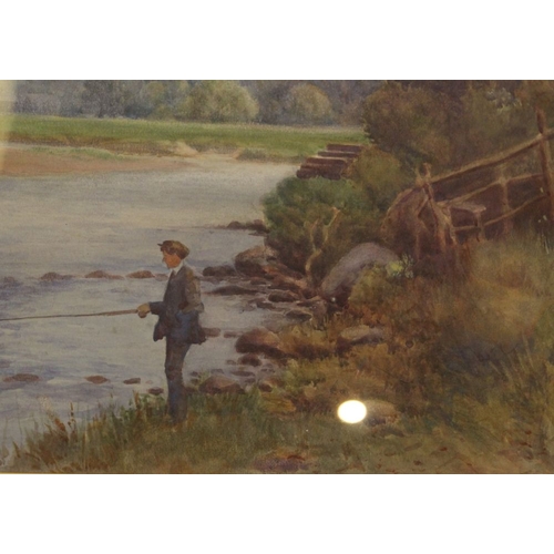 99 - Robert J.M. Buchanan (1865-1925) River landscape with Fisherman, watercolour, monogrammed, 47.5cm x ... 