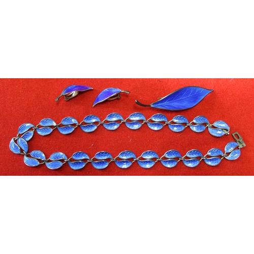 24 - David Andersen, a Danish silver and blue enamel leaf design necklace, brooch and pair of earrings, g... 