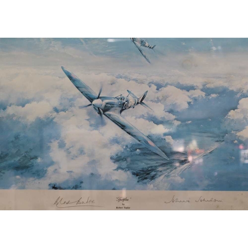 260 - A first edition print of a Spitfire by Robert Taylor, signed by Johnie Johnson & Douglas Bader, glaz... 