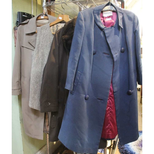 453 - A Burberry style overcoat, a fur lines waistcoat, a ladies overcoat & blue ladies coat