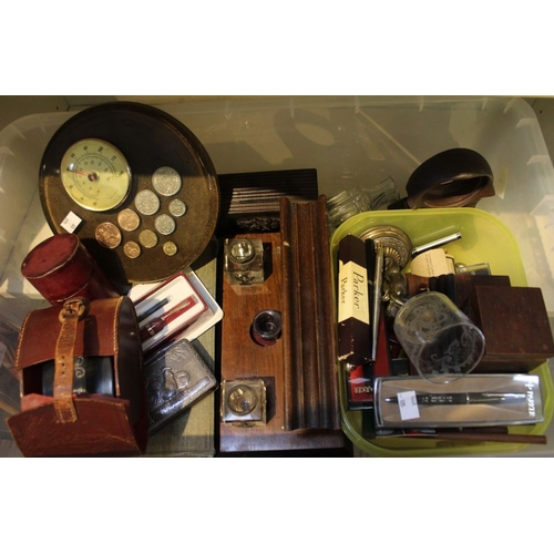 106 - A box containing a selection of collectable items, to include; inkwell, glass bottles, pens, etc.