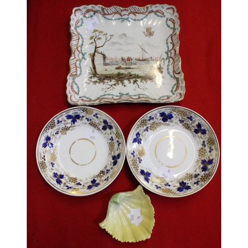 132 - A square  French faience dished plate , polychrome decorated with a harbour scene on a white ground ... 