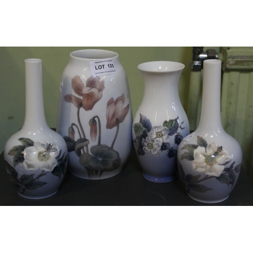 133 - A pair of Royal Copenhagen ceramic vases, floral painted, factory marks to base includes 1659, 20cm ... 