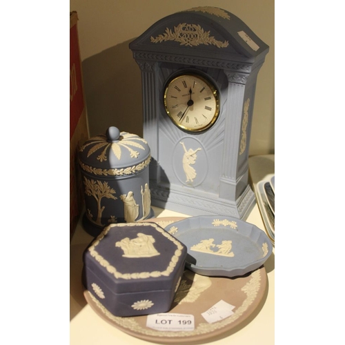 199 - A selection of Wedgwood to include a clock, trinket box, pin dish etc