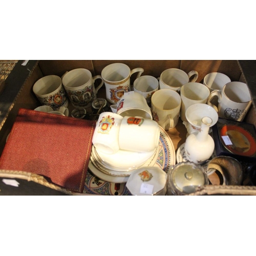 205 - A box containing commemorative china, paperweights, plated cake forks  and other collectible items