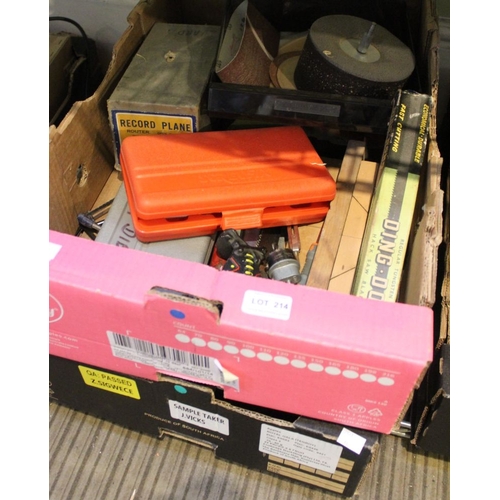 214 - Two boxes containing an assortment of tools, planes, sander etc