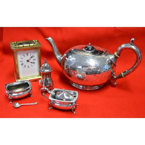 280 - A silver plated tea pot, various silver plated condiments and a brass cased carriage clock, with Rom... 