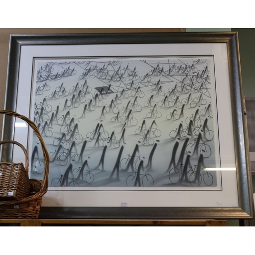 329 - A large limited edition print of Gentlemen Riding Bicycles in abstract form, framed & glazed