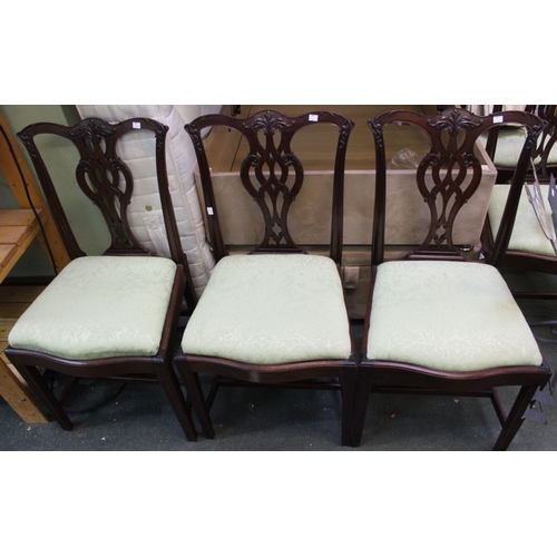 337 - Five wooden carved dining chairs, with green upholstered drop in seat pads