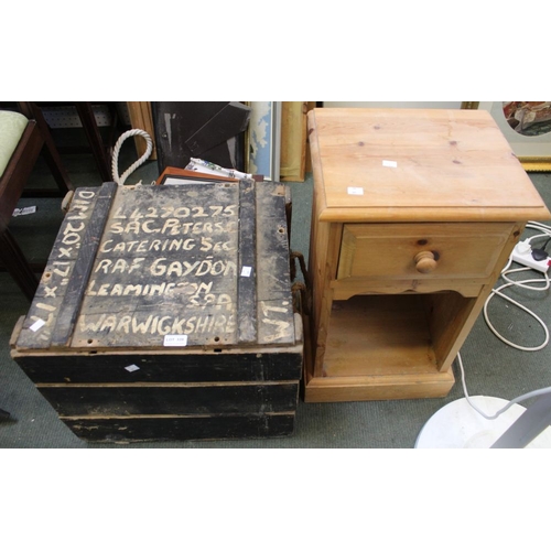 339 - RAF Gaydon wooden ammunitions box, together with a single pine bedside cupboard