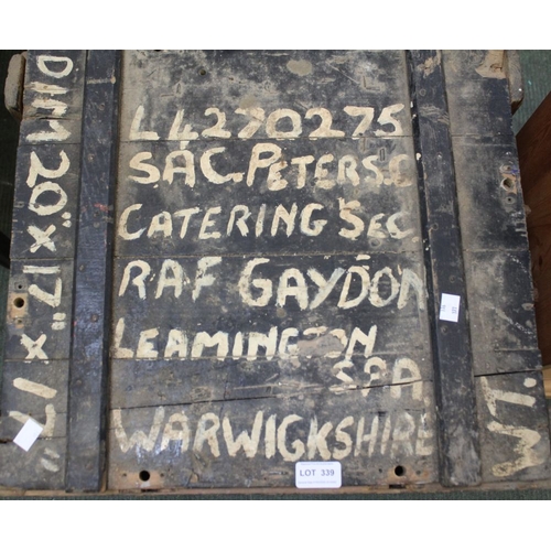 339 - RAF Gaydon wooden ammunitions box, together with a single pine bedside cupboard