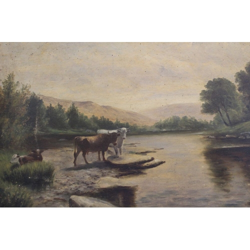 342 - An original oil on board, depicting a river scene with cattle to the foreground