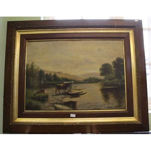 342 - An original oil on board, depicting a river scene with cattle to the foreground