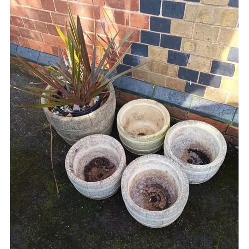 532 - A set of four small concrete garden planters together with a populated larger version