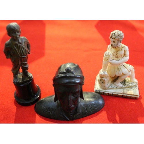 96 - A cast bronze, of a smoking boy, raised upon a polished stone base, total 12cm high, together with a... 