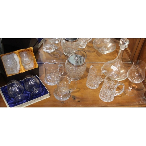 287 - A quantity of glass, includes biscuit barrel with plated lid, glass decanter, two boxed pairs of Bra... 