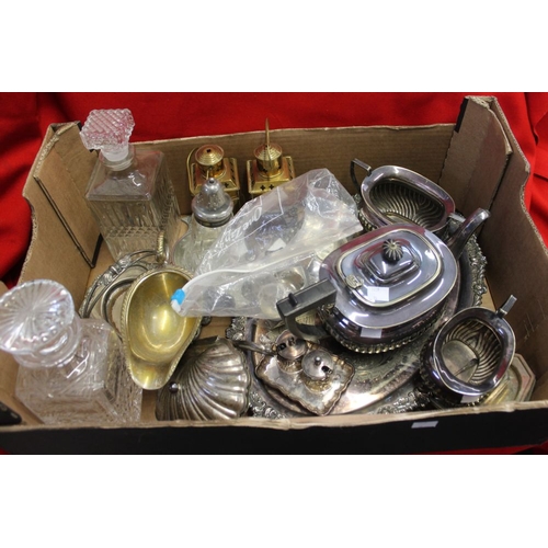 179 - A quantity of silver plate, two glass decanters, two brass lanterns etc