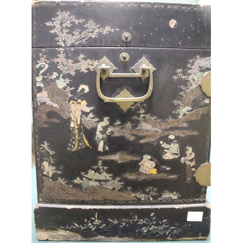 220 - An Oriental ebonised table cabinet, mother of pearl inlaid figurative decoration, with metal fitting... 