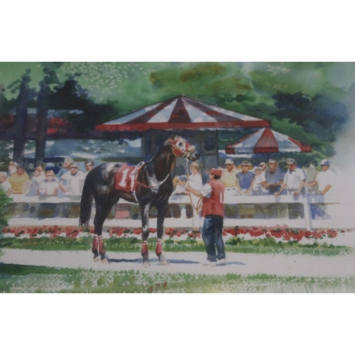 240 - Susan Dorazio - two original watercolours of race day scenes gilt framed and glazed