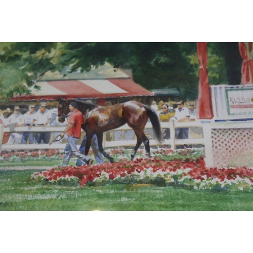 240 - Susan Dorazio - two original watercolours of race day scenes gilt framed and glazed