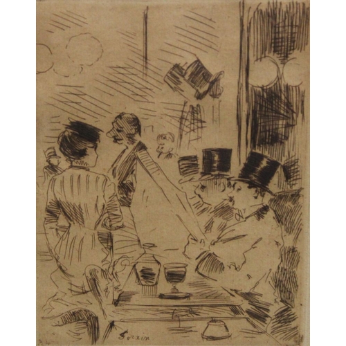 296 - A framed etching, Gents in top hats in a bar, together with a print of river tugs, both framed, moun... 