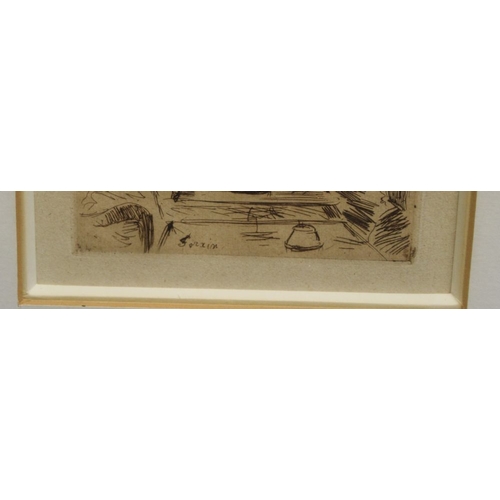 296 - A framed etching, Gents in top hats in a bar, together with a print of river tugs, both framed, moun... 